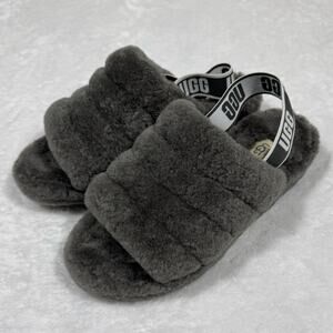 UGG Fluff Yeah Slide Slippers Charcoal Gray Women's 9 Slingback Sandals Shearing